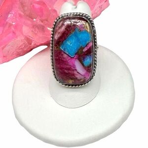 Kingman Pink Dahlia Turquoise Ring Size 7 Solid 925 Sterling Silver
